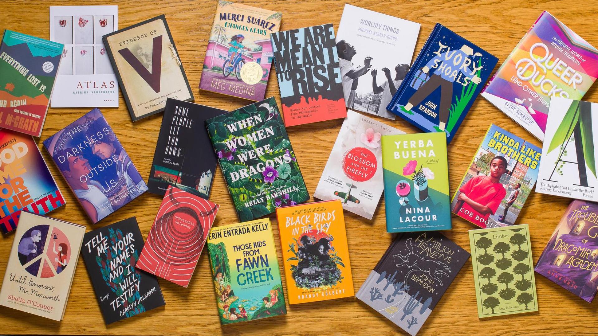 A selection of books written by Hamline creative writing faculty
