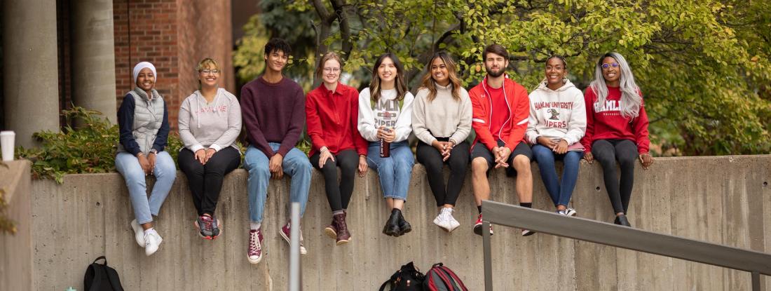 Hamline students sitting on a wall